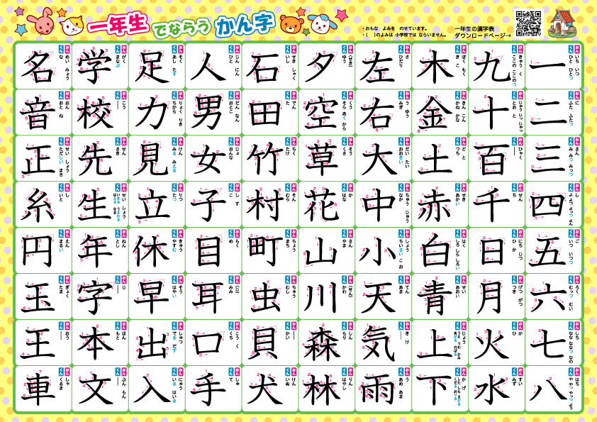 小学一年生で習う漢字　可愛いデザイン書き順あり