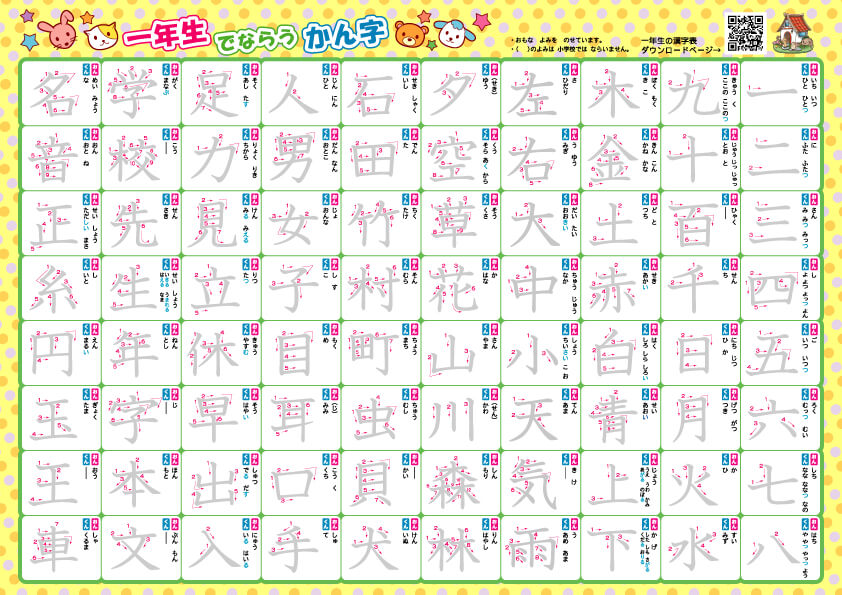 小学一年生で習う漢字　可愛いデザイン書き順ありなぞり書き